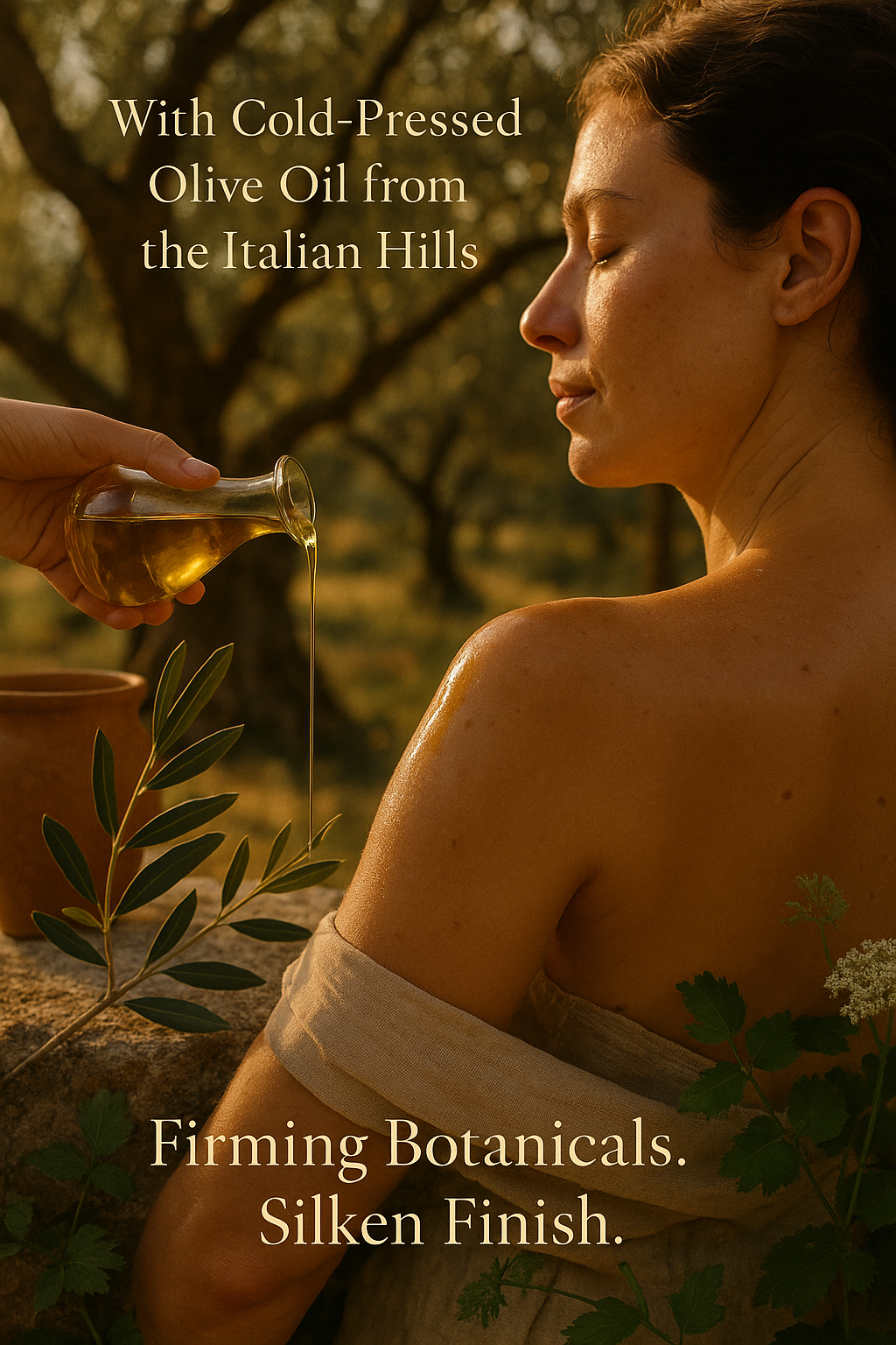 Skin treatment with cold-pressed Italian olive oil and firming botanicals for a luxurious, smooth feel.