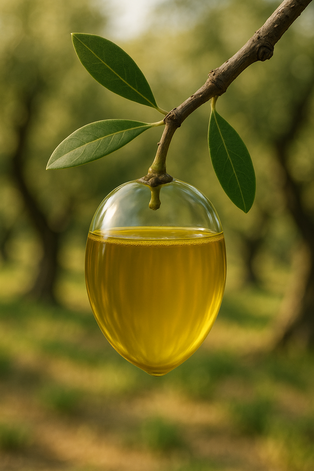 Golden drop of cold pressed Italian olive oil rich in antioxidant benefits for natural skincare and haircare.