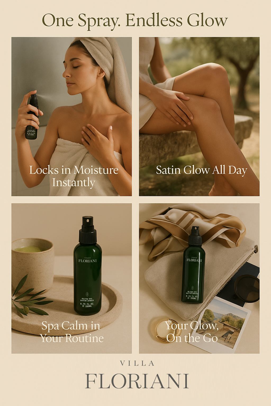 Villa Floriani Olive Oil Spray collage highlighting olive oil benefits for skin and hair in a moisturizing body oil spray.